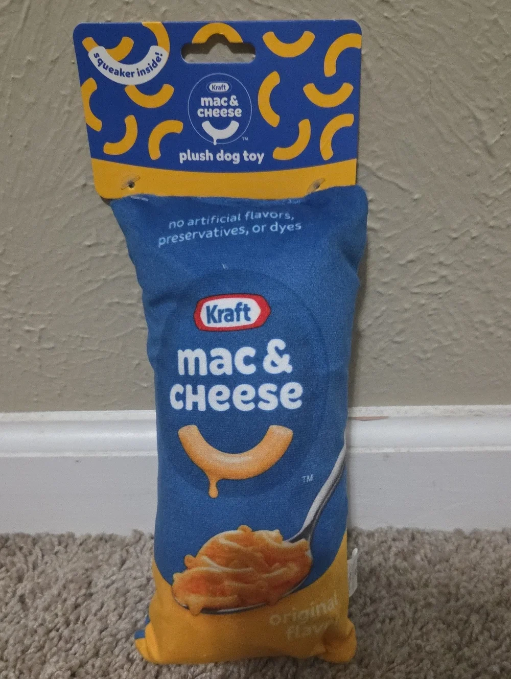 Mac & Cheese Plush Dog Toy - Blue/Yellow
